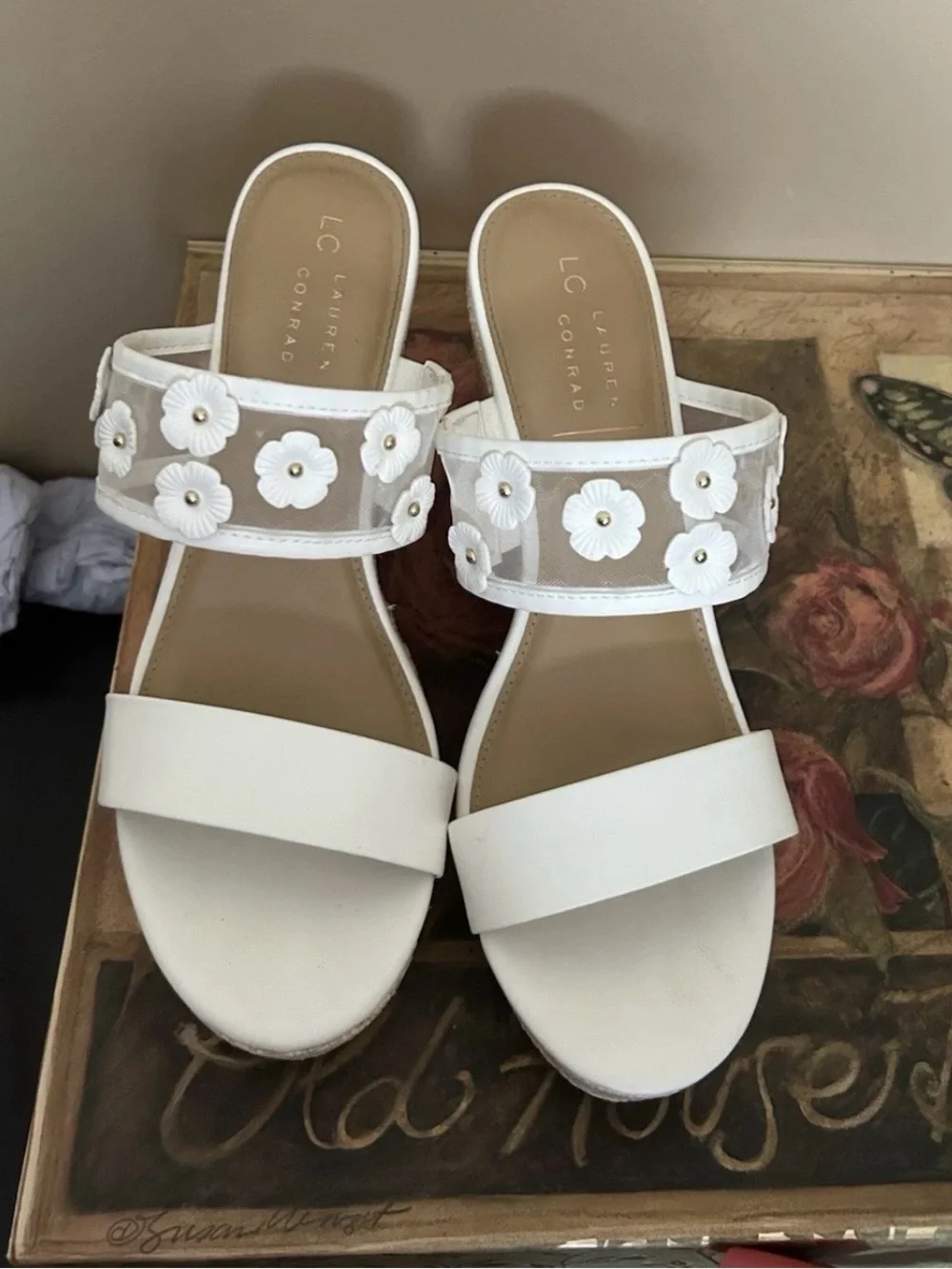 White Floral Mesh Espadrille Wedge Sandals